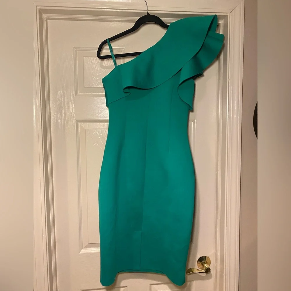 NWOT Eliza J Women's Green‎ Ruffled One-Shoulder Scuba Dress Holiday Christmas